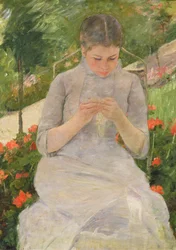 Joven mujer cosiendo en el jardín, c.1880-82